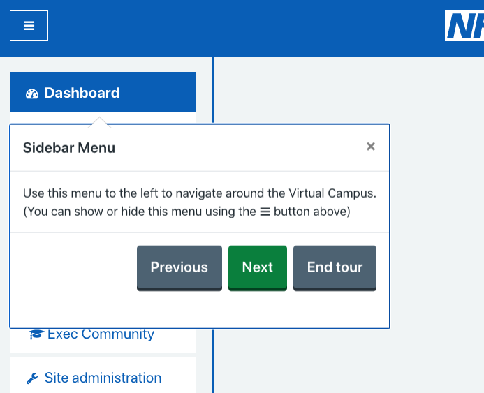 A user tour component highlighting the sidebar menu
