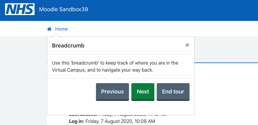 A user tour highlighting the breadcrumb item and explaining how it works.